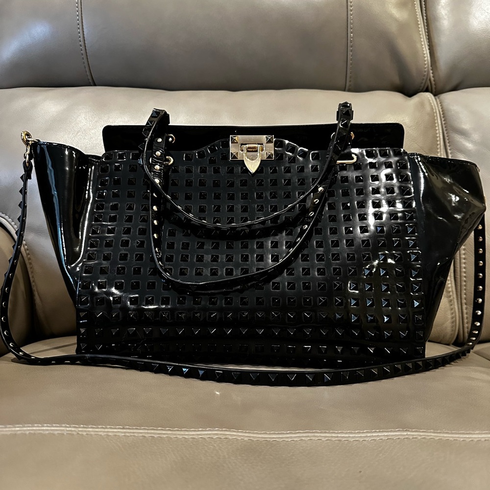 Valentino Garavani Patent Black Studded Sachel Bag